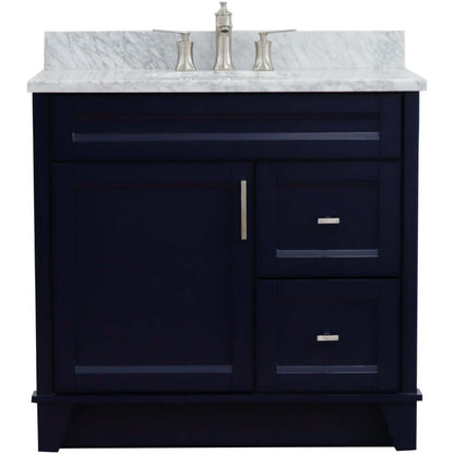 37" Single sink vanity in Blue finish with White Carrara marble and Left door/Center sink - 400700-37L-BU-WMOC