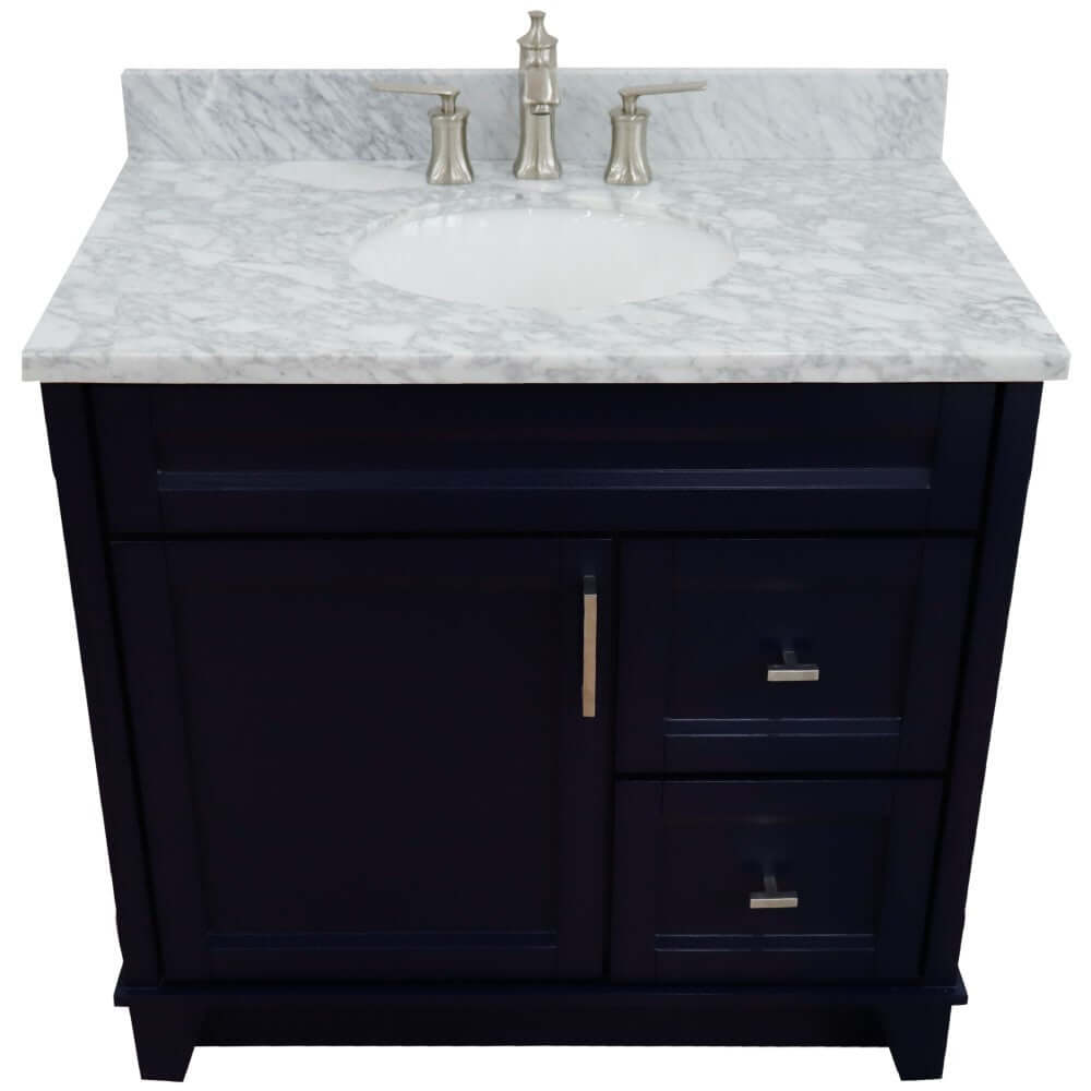 37" Single sink vanity in Blue finish with White Carrara marble and Left door/Center sink - 400700-37L-BU-WMOC