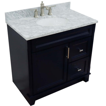 37" Single sink vanity in Blue finish with White Carrara marble and Left door/Center sink - 400700-37L-BU-WMOC