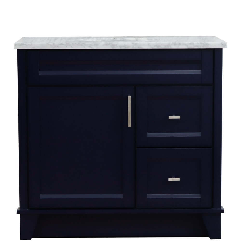 37" Single sink vanity in Blue finish with White Carrara marble and Left door/Center sink - 400700-37L-BU-WMOC