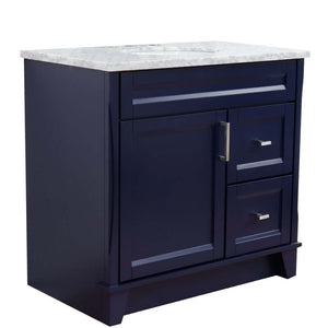 37" Single sink vanity in Blue finish with White Carrara marble and Left door/Center sink - 400700-37L-BU-WMOC