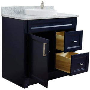 37" Single sink vanity in Blue finish with White Carrara marble and Left door/Round Center sink - 400700-37L-BU-WMRDC