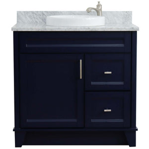 37" Single sink vanity in Blue finish with White Carrara marble and Left door/Round Center sink - 400700-37L-BU-WMRDC