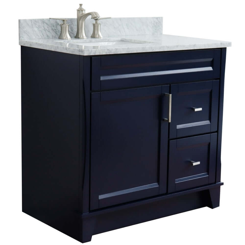 37" Single sink vanity in Blue finish with White Carrara marble and Left door/Left sink - 400700-37L-BU-WMRL