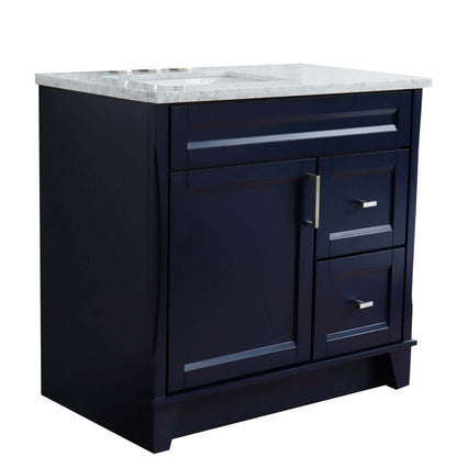 37" Single sink vanity in Blue finish with White Carrara marble and Left door/Left sink - 400700-37L-BU-WMRL