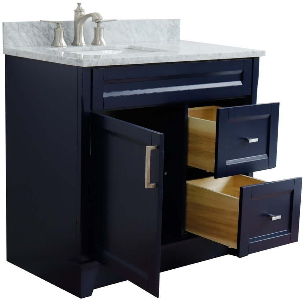 37" Single sink vanity in Blue finish with White Carrara marble and Left door/Left sink - 400700-37L-BU-WMRL