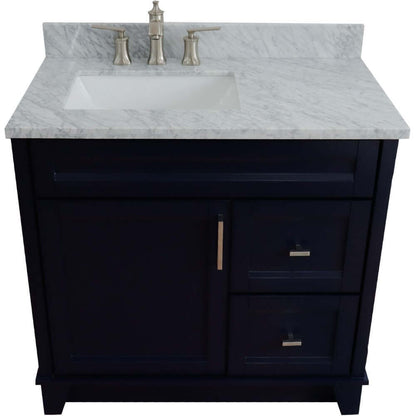 37" Single sink vanity in Blue finish with White Carrara marble and Left door/Left sink - 400700-37L-BU-WMRL