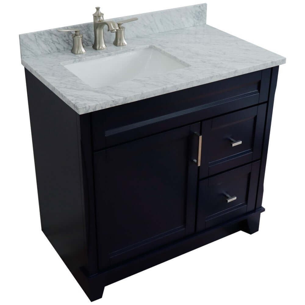 37" Single sink vanity in Blue finish with White Carrara marble and Left door/Left sink - 400700-37L-BU-WMRL