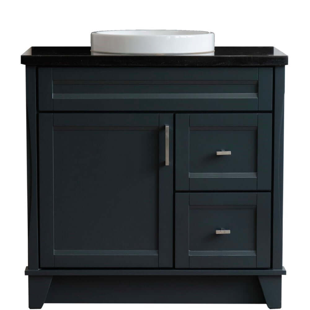 37" Single sink vanity in Dark Gray finish with Black galaxy granite and Left door/Round Center sink - 400700-37L-DG-BGRDC