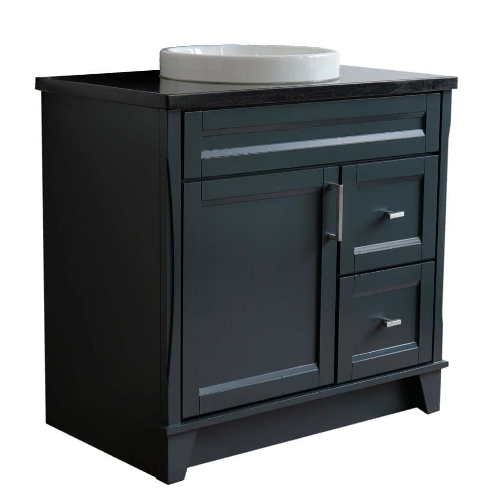 37" Single sink vanity in Dark Gray finish with Black galaxy granite and Left door/Round Center sink - 400700-37L-DG-BGRDC