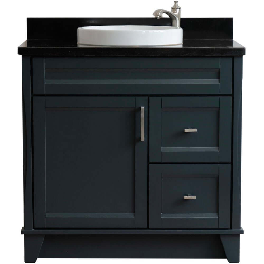 37" Single sink vanity in Dark Gray finish with Black galaxy granite and Left door/Round Center sink - 400700-37L-DG-BGRDC