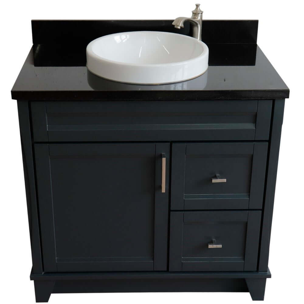 37" Single sink vanity in Dark Gray finish with Black galaxy granite and Left door/Round Center sink - 400700-37L-DG-BGRDC