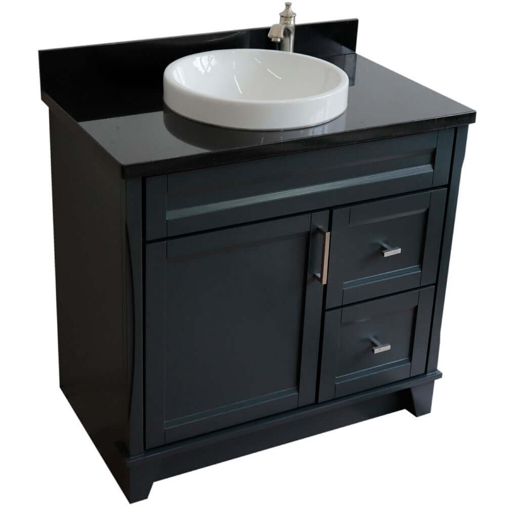 37" Single sink vanity in Dark Gray finish with Black galaxy granite and Left door/Round Center sink - 400700-37L-DG-BGRDC