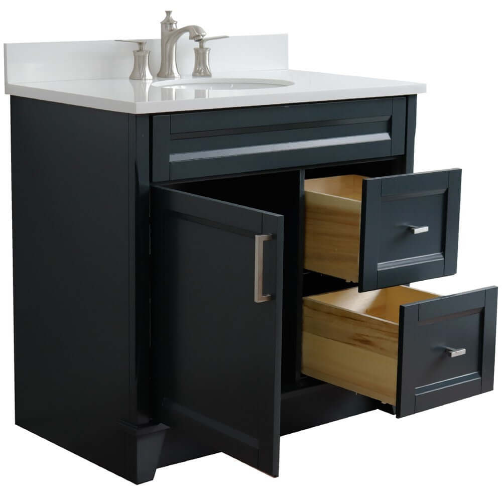 37" Single sink vanity in Dark Gray finish with White quartz and Left door/Center sink - 400700-37L-DG-WEOC