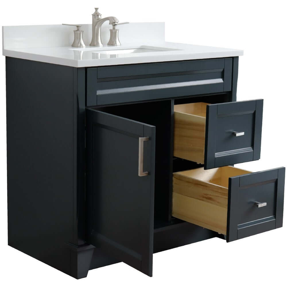 37" Single sink vanity in Dark Gray finish with White quartz and Left door/Center sink - 400700-37L-DG-WERC