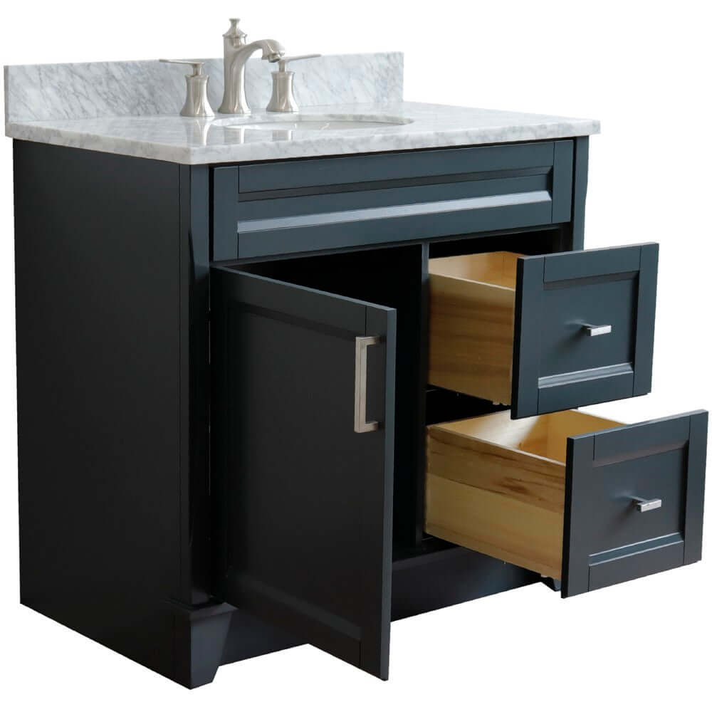 37" Single sink vanity in Dark Gray finish with White Carrara marble and Left door/Center sink - 400700-37L-DG-WMOC