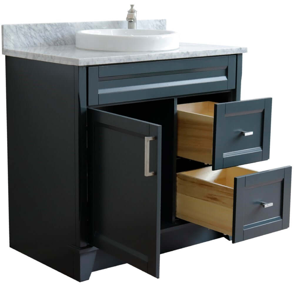 37" Single sink vanity in Dark Gray finish with White Carrara marble and Left door/Round Center sink - 400700-37L-DG-WMRDC