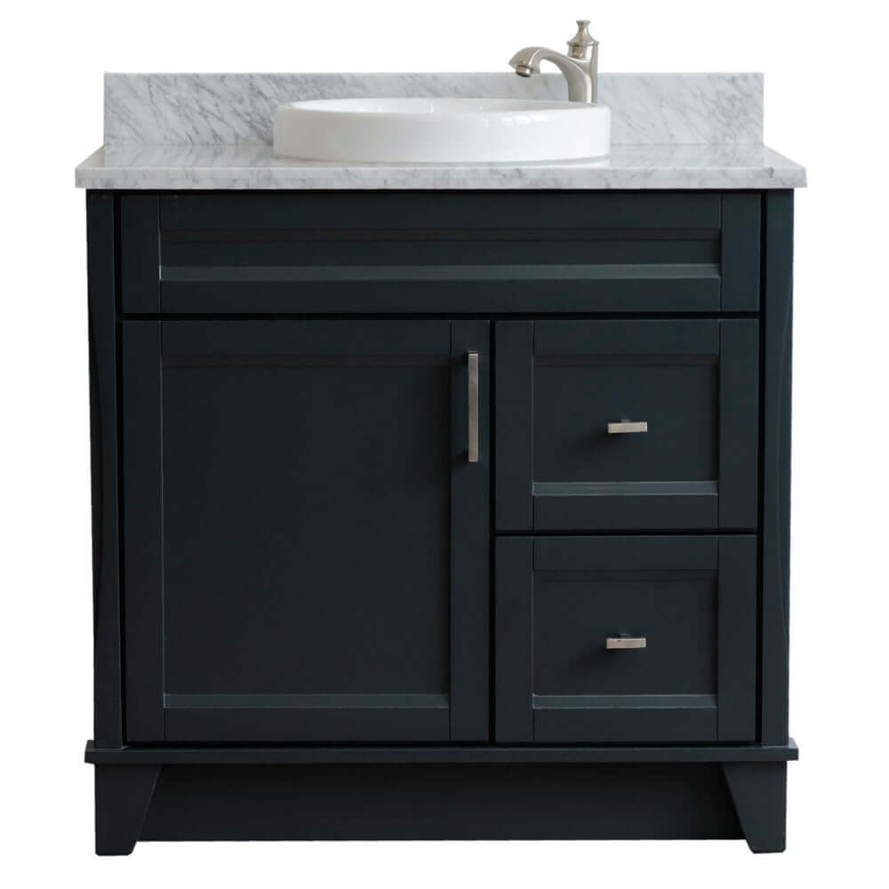 37" Single sink vanity in Dark Gray finish with White Carrara marble and Left door/Round Center sink - 400700-37L-DG-WMRDC