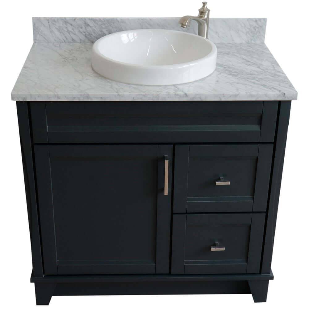 37" Single sink vanity in Dark Gray finish with White Carrara marble and Left door/Round Center sink - 400700-37L-DG-WMRDC