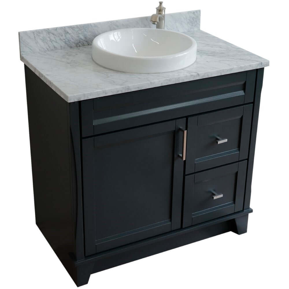 37" Single sink vanity in Dark Gray finish with White Carrara marble and Left door/Round Center sink - 400700-37L-DG-WMRDC