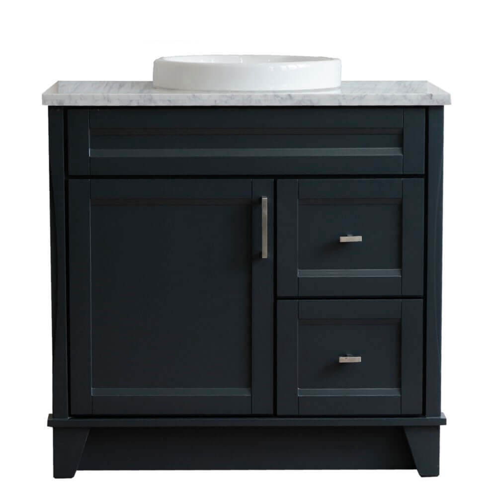 37" Single sink vanity in Dark Gray finish with White Carrara marble and Left door/Round Center sink - 400700-37L-DG-WMRDC