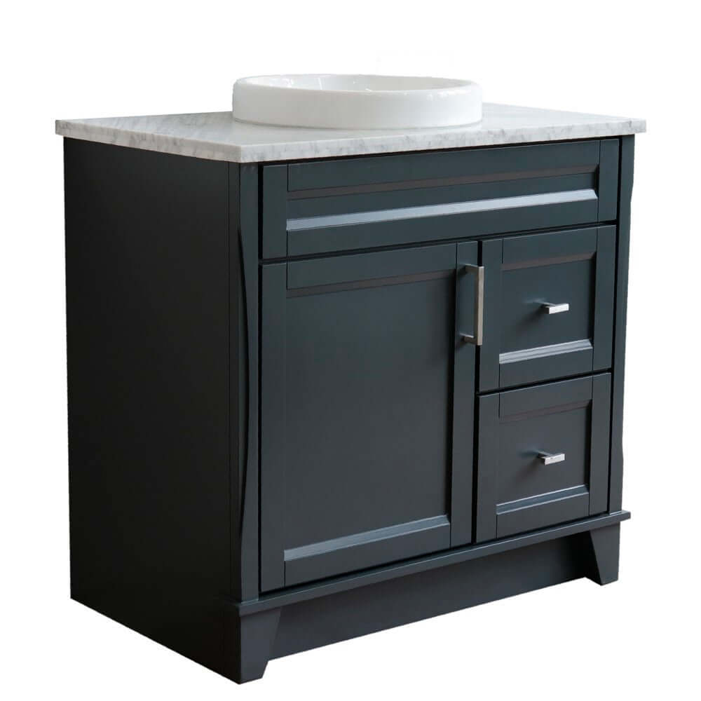 37" Single sink vanity in Dark Gray finish with White Carrara marble and Left door/Round Center sink - 400700-37L-DG-WMRDC