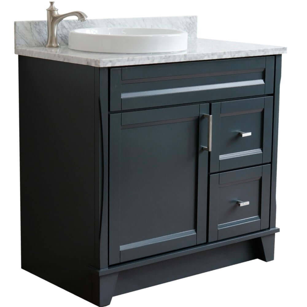 37" Single sink vanity in Dark Gray finish with White Carrara marble and Left door/Round Left sink - 400700-37L-DG-WMRDL