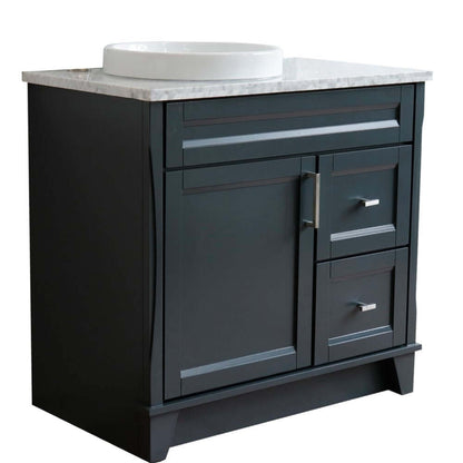 37" Single sink vanity in Dark Gray finish with White Carrara marble and Left door/Round Left sink - 400700-37L-DG-WMRDL