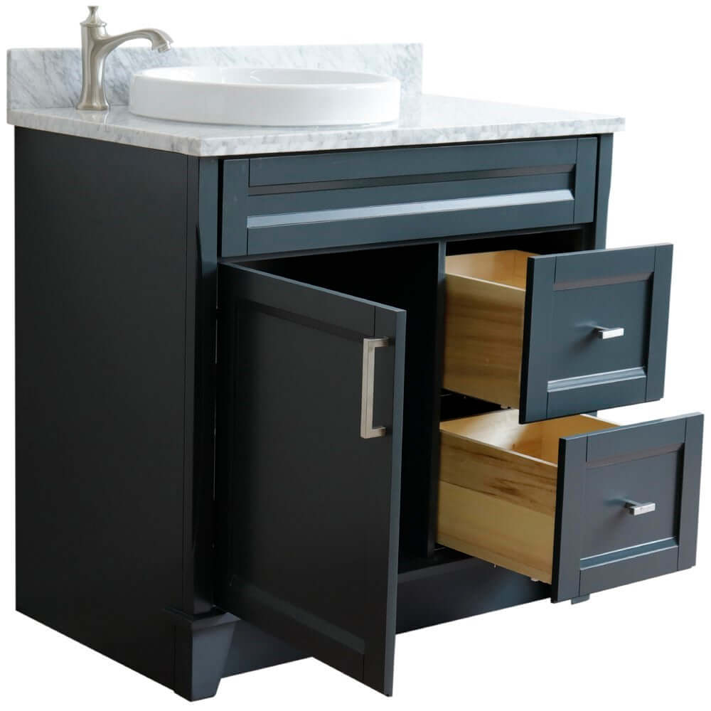 37" Single sink vanity in Dark Gray finish with White Carrara marble and Left door/Round Left sink - 400700-37L-DG-WMRDL