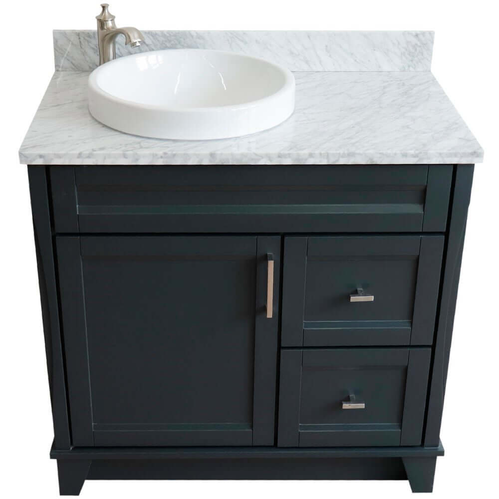 37" Single sink vanity in Dark Gray finish with White Carrara marble and Left door/Round Left sink - 400700-37L-DG-WMRDL