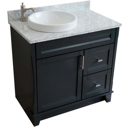 37" Single sink vanity in Dark Gray finish with White Carrara marble and Left door/Round Left sink - 400700-37L-DG-WMRDL