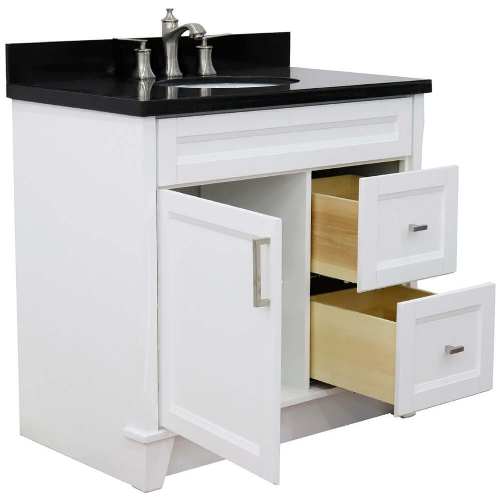 37" Single sink vanity in White finish with Black galaxy granite and Left door/Center sink - 400700-37L-WH-BGOC