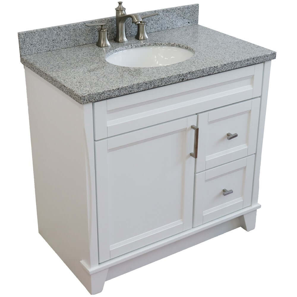 37" Single sink vanity in White finish with Gray granite and Left door/Center sink - 400700-37L-WH-GYOC