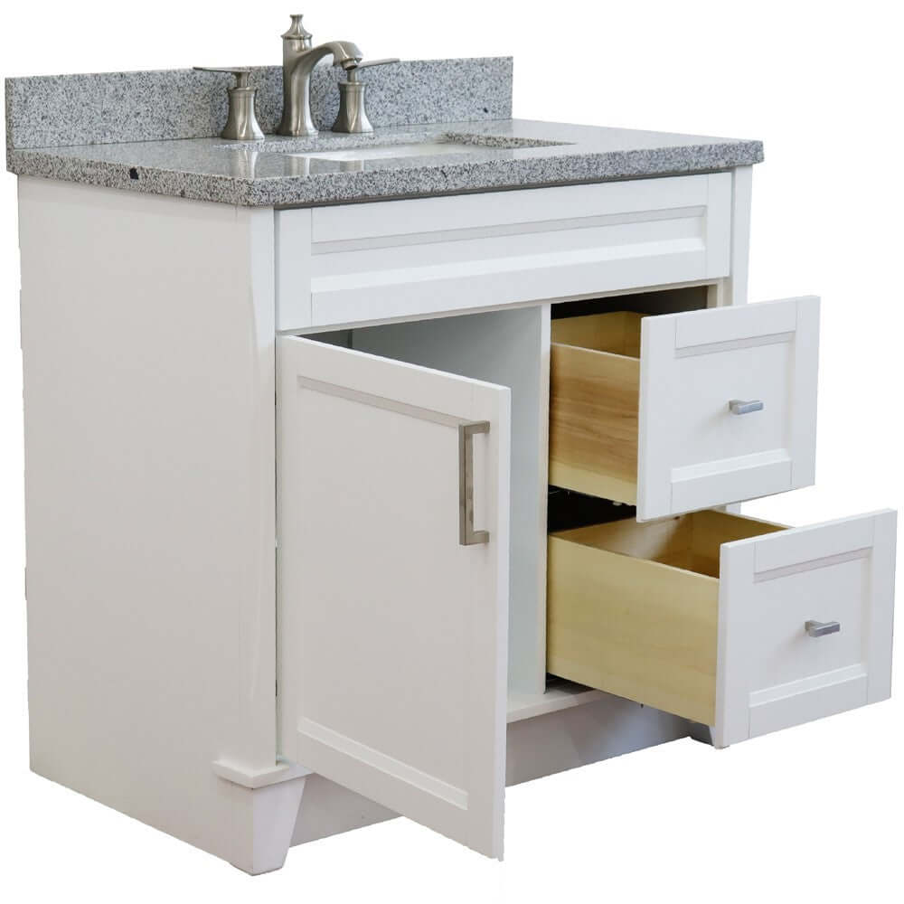 37" Single sink vanity in White finish with Gray granite and Left door/Center sink - 400700-37L-WH-GYRC