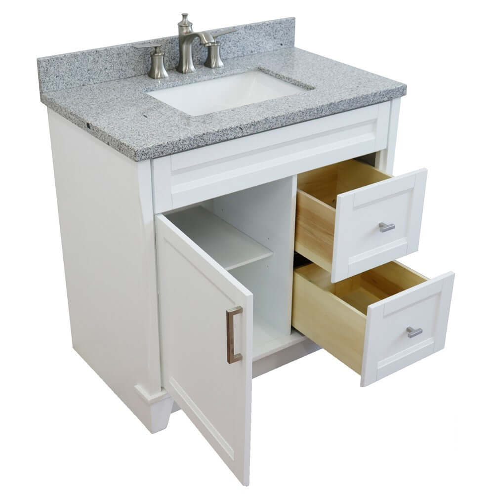 37" Single sink vanity in White finish with Gray granite and Left door/Center sink - 400700-37L-WH-GYRC