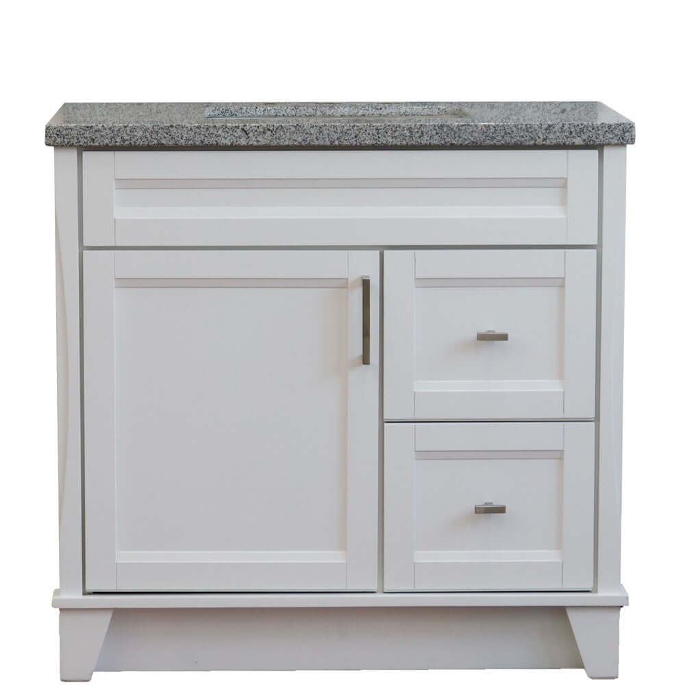 37" Single sink vanity in White finish with Gray granite and Left door/Center sink - 400700-37L-WH-GYRC