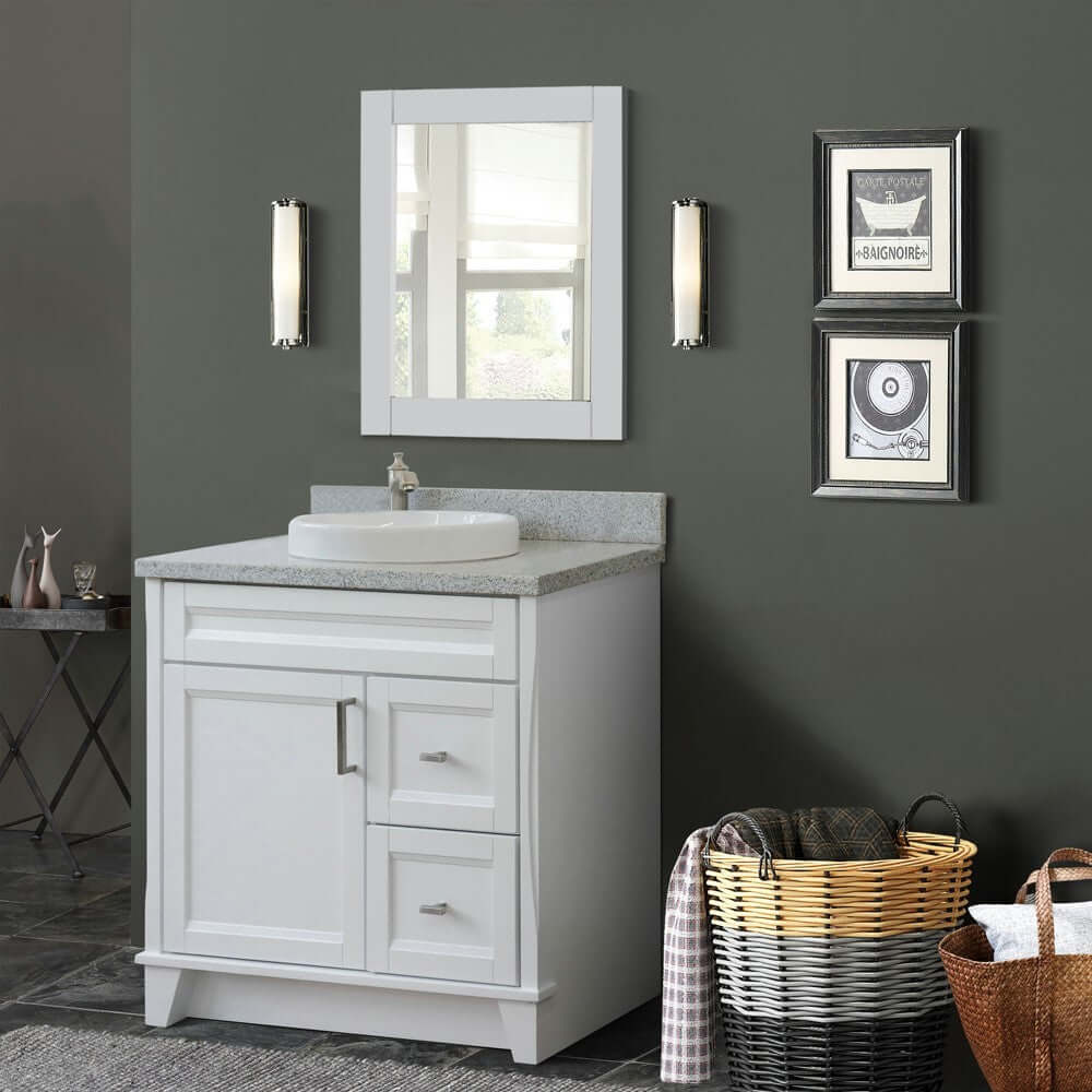 37" Single sink vanity in White finish with Gray granite and Left door/Round Center sink - 400700-37L-WH-GYRDC