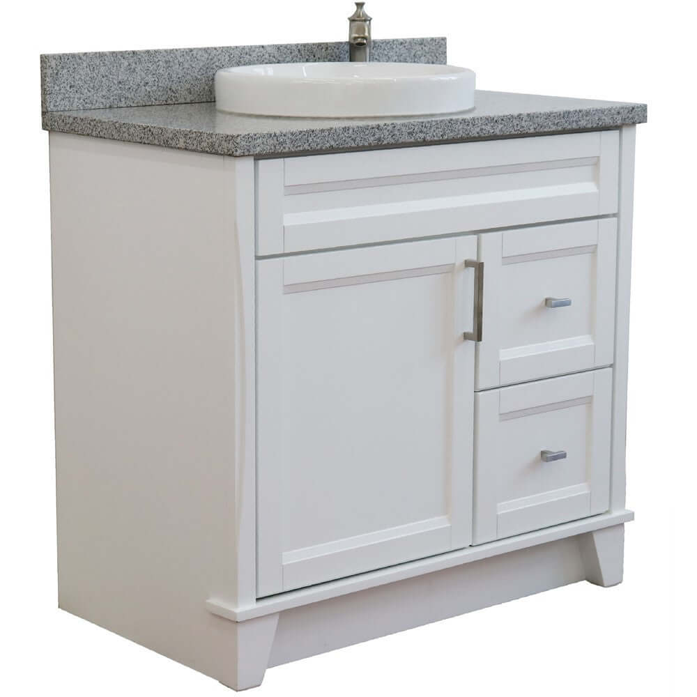 37" Single sink vanity in White finish with Gray granite and Left door/Round Center sink - 400700-37L-WH-GYRDC