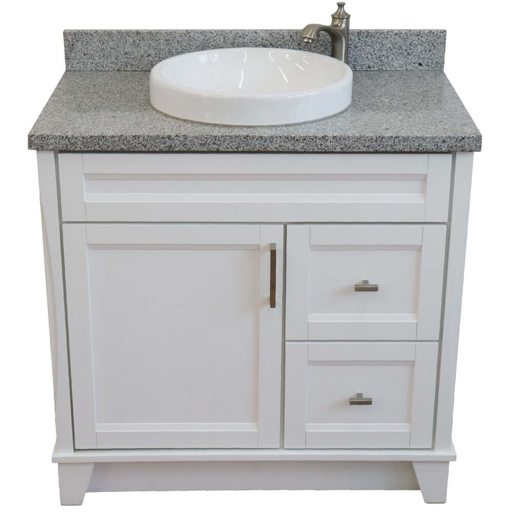 37" Single sink vanity in White finish with Gray granite and Left door/Round Center sink - 400700-37L-WH-GYRDC