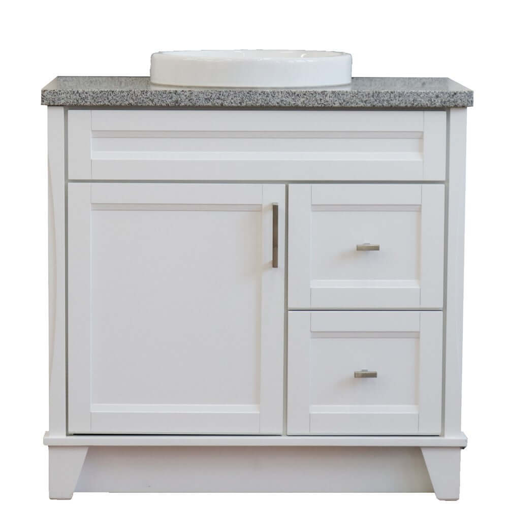 37" Single sink vanity in White finish with Gray granite and Left door/Round Center sink - 400700-37L-WH-GYRDC
