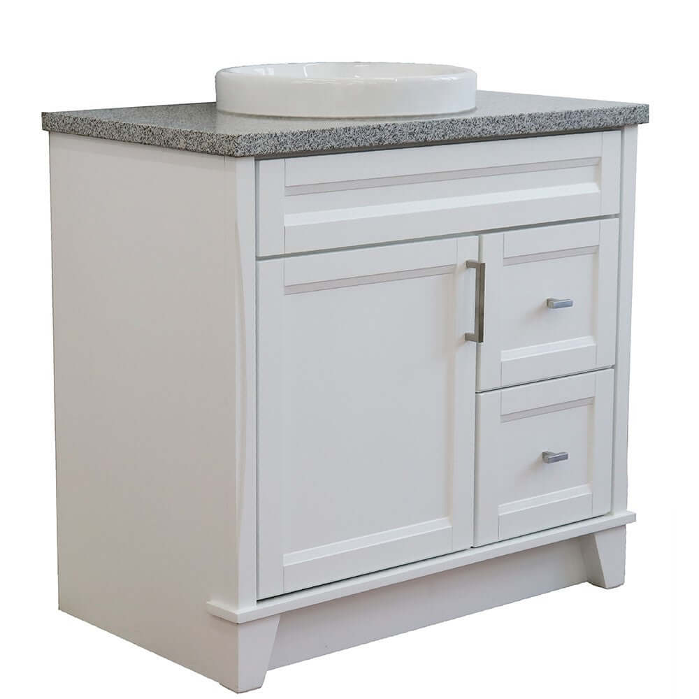 37" Single sink vanity in White finish with Gray granite and Left door/Round Center sink - 400700-37L-WH-GYRDC