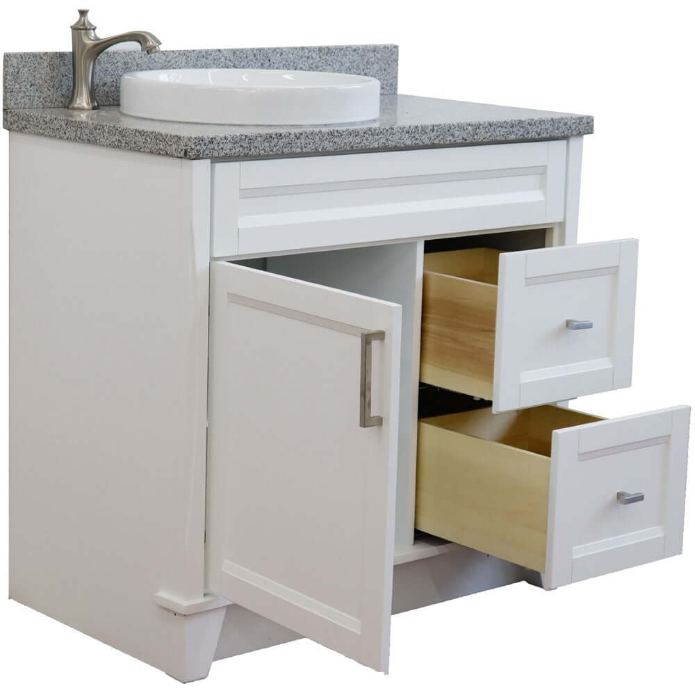 37" Single sink vanity in White finish with Gray granite and Left door/Round Left sink - 400700-37L-WH-GYRDL