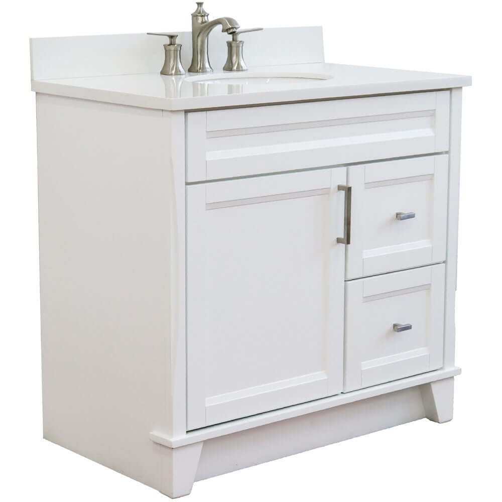 37" Single sink vanity in White finish with White quartz and Left door/Center sink - 400700-37L-WH-WEOC