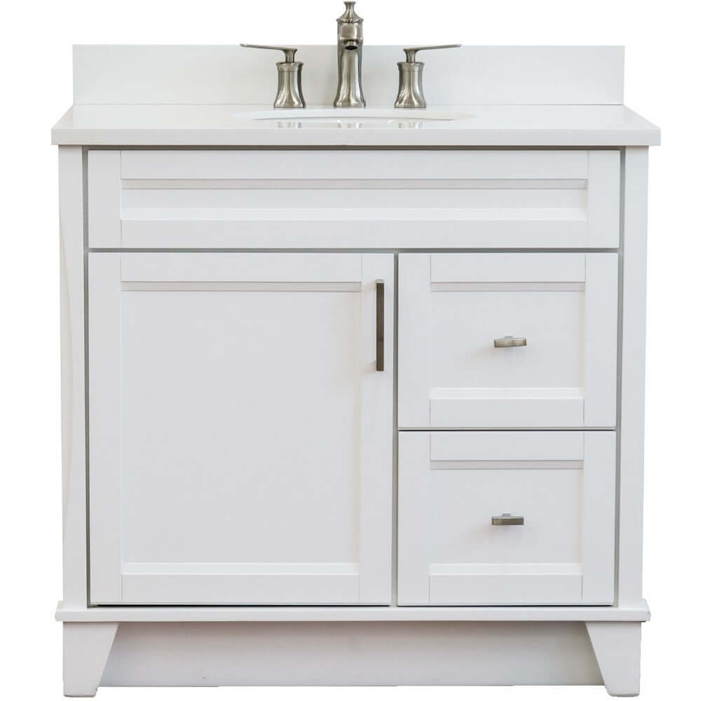 37" Single sink vanity in White finish with White quartz and Left door/Center sink - 400700-37L-WH-WEOC