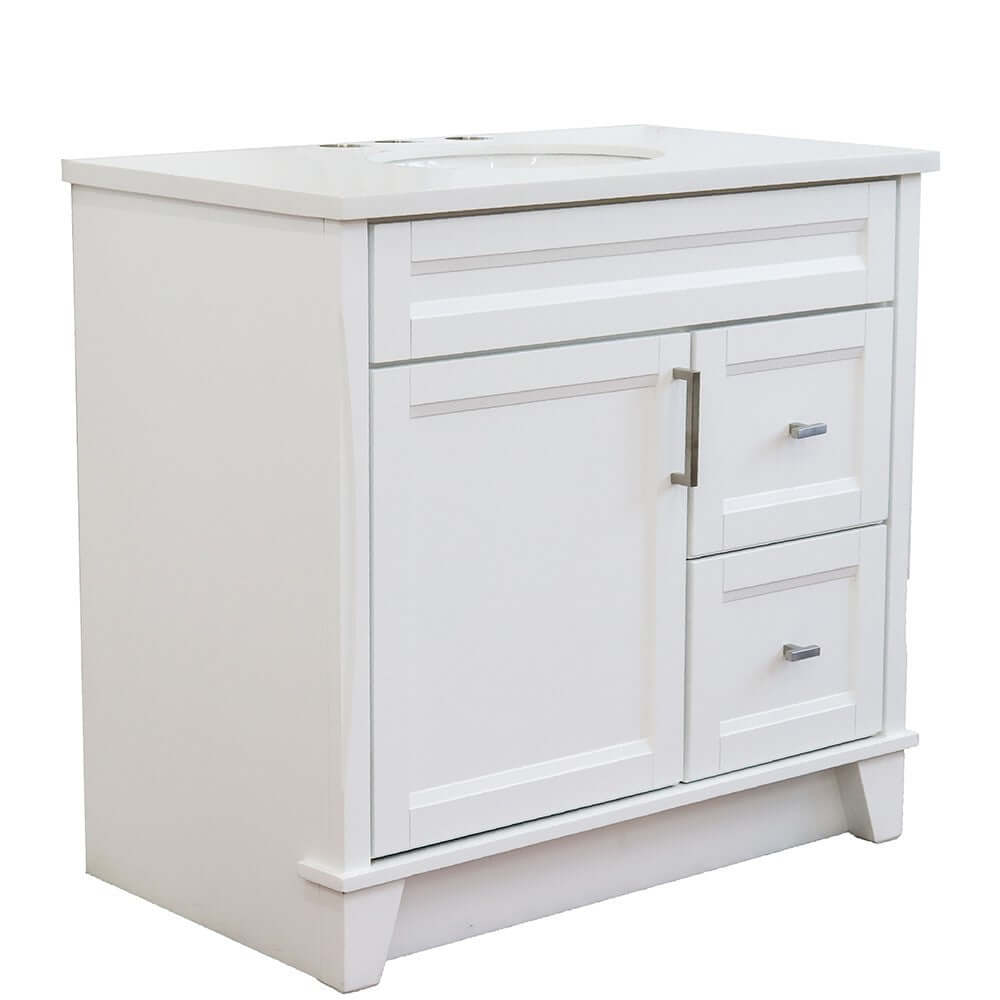 37" Single sink vanity in White finish with White quartz and Left door/Center sink - 400700-37L-WH-WEOC