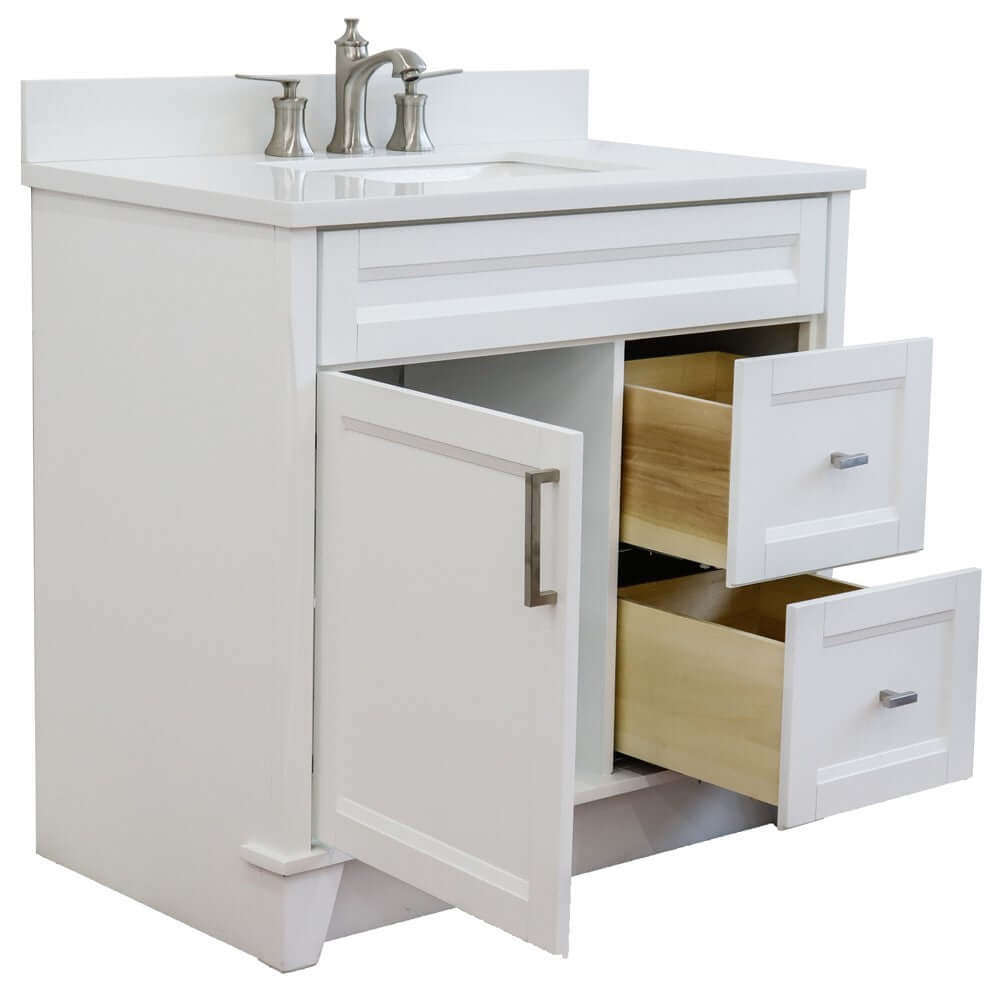 37" Single sink vanity in White finish with White quartz and Left door/Center sink - 400700-37L-WH-WERC