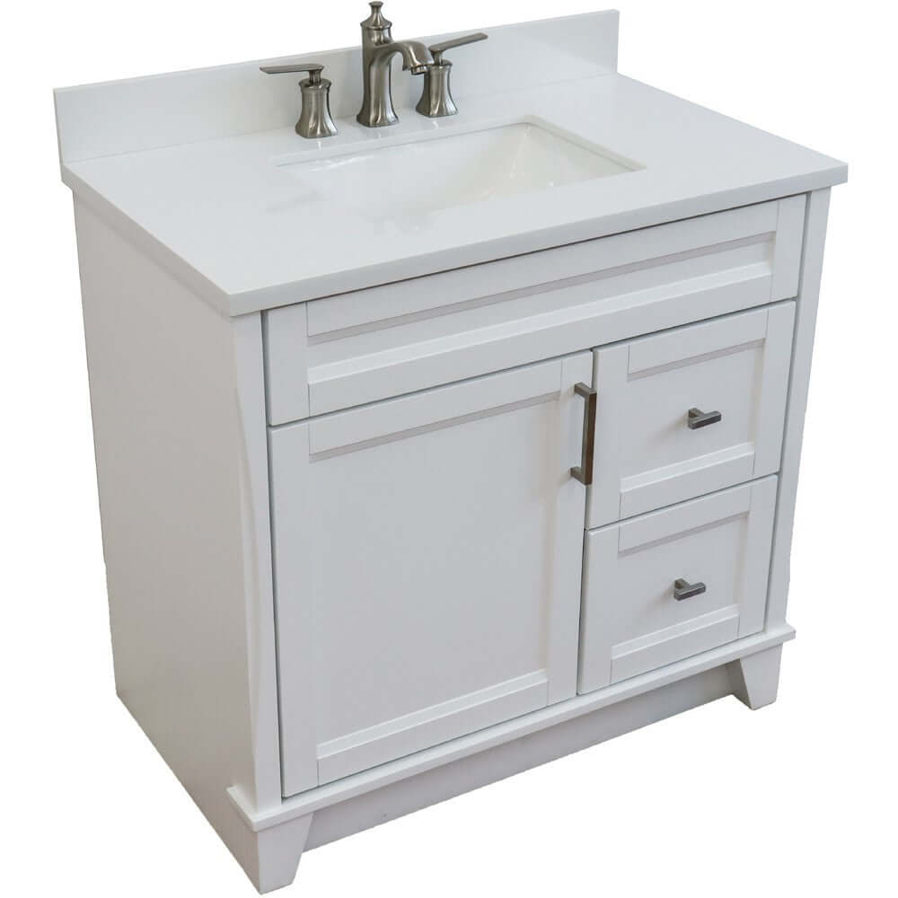 37" Single sink vanity in White finish with White quartz and Left door/Center sink - 400700-37L-WH-WERC