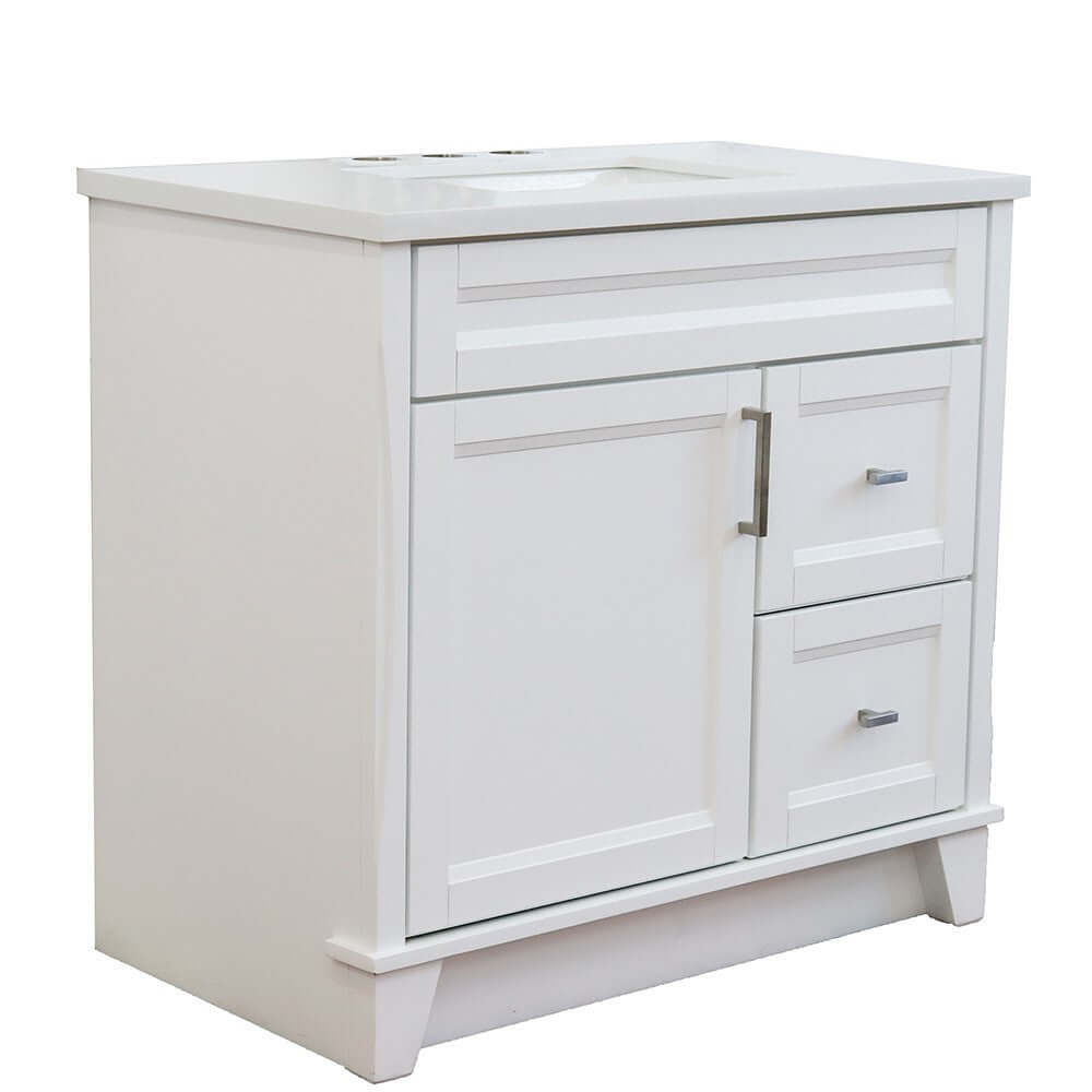 37" Single sink vanity in White finish with White quartz and Left door/Center sink - 400700-37L-WH-WERC