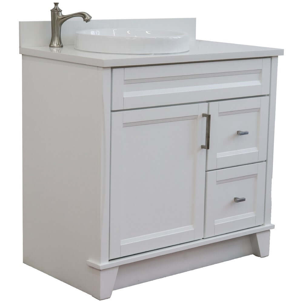 37" Single sink vanity in White finish with White quartz and Left door/Round Left sink - 400700-37L-WH-WERDL