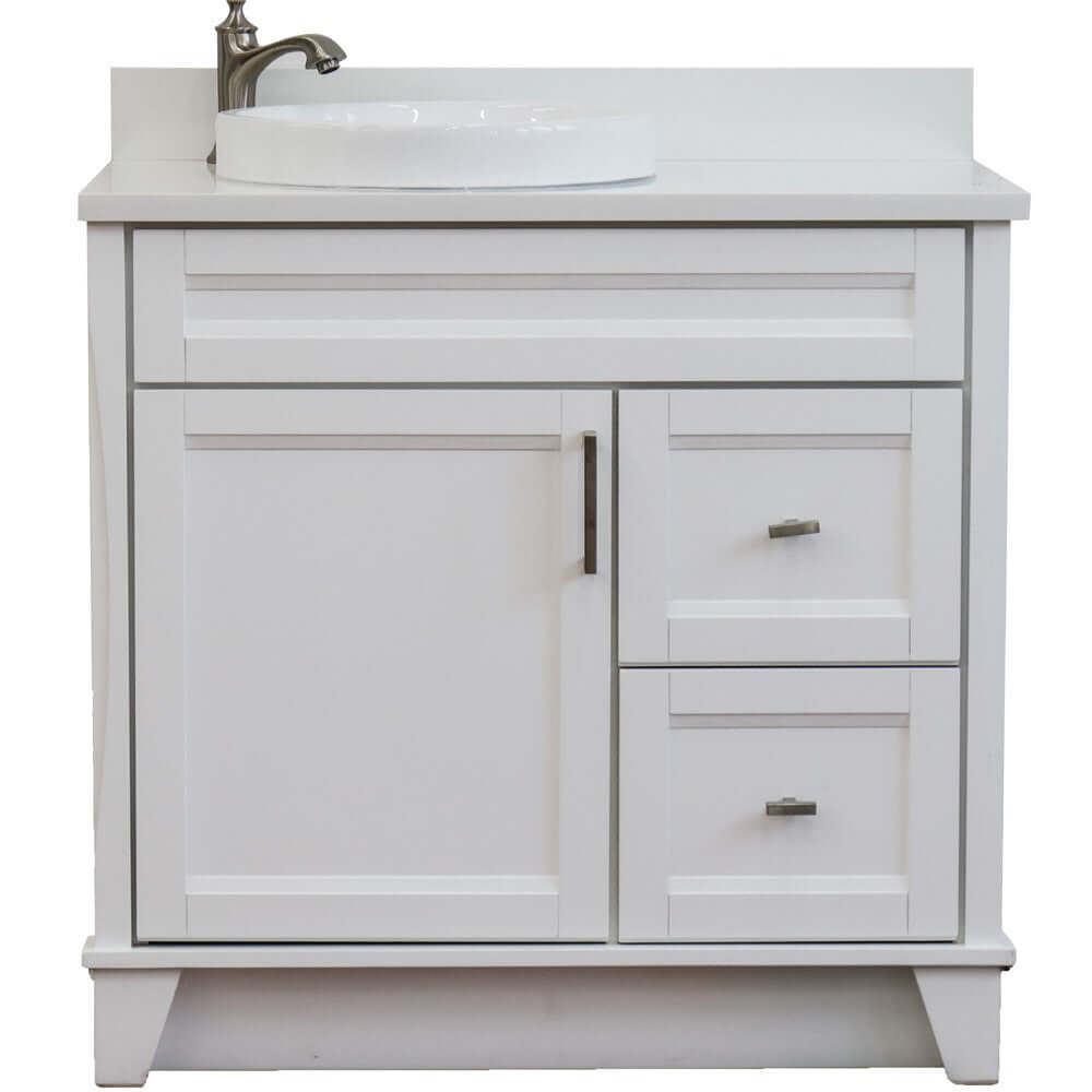 37" Single sink vanity in White finish with White quartz and Left door/Round Left sink - 400700-37L-WH-WERDL